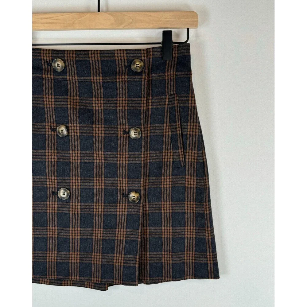 NEW Madewell Womens Skirt Brown Plaid Double-Breasted Mini A Line Tartan XS